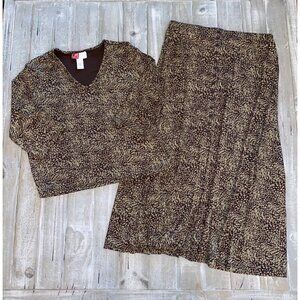 JM Collection Skirt Set Womens Large Brown Tan Pattern Slit Elastic Waist Boho
